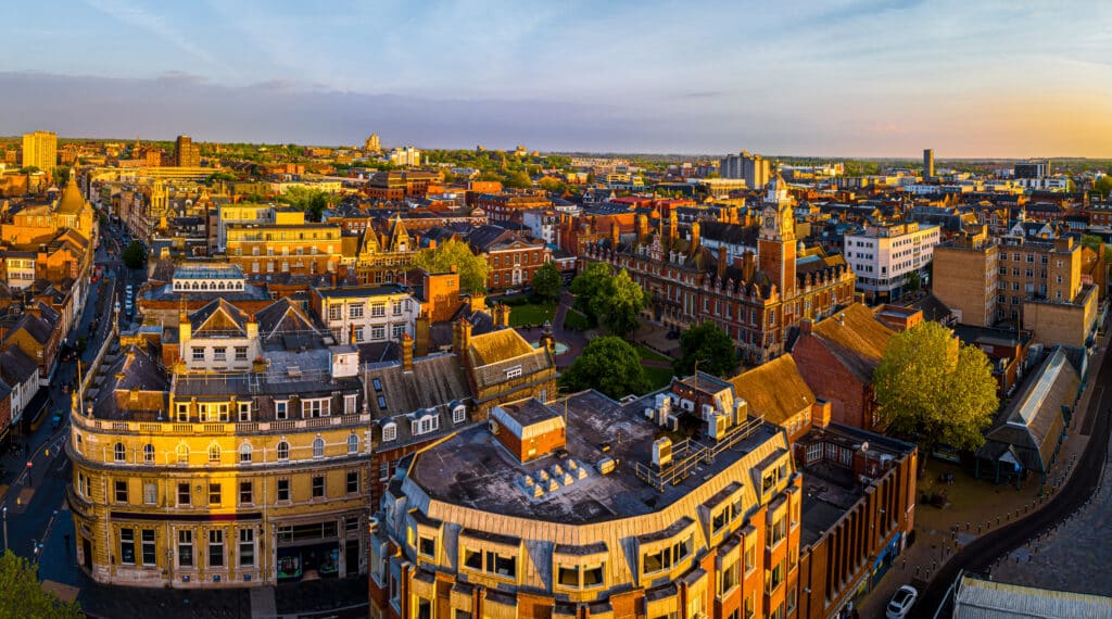 Aerial view of a bustling city.