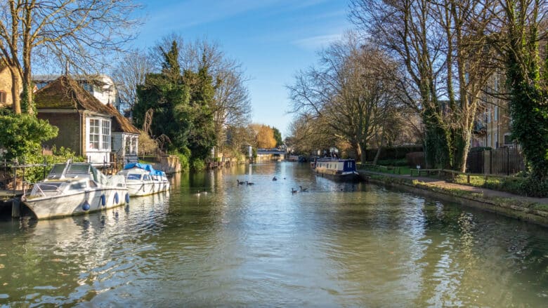 Peaceful canal with moored boats