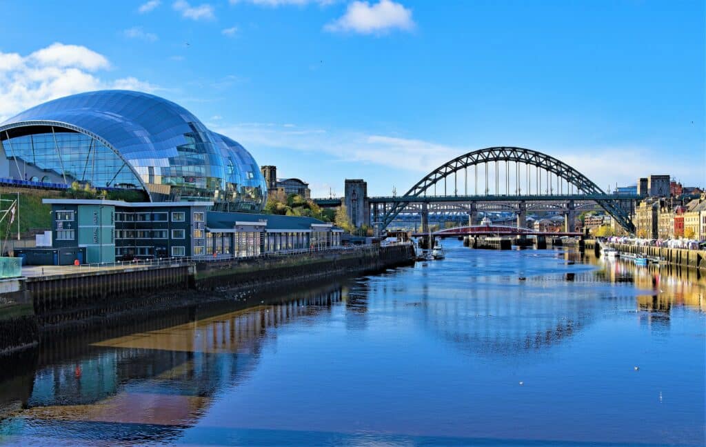 River scene with bridges and buildings.