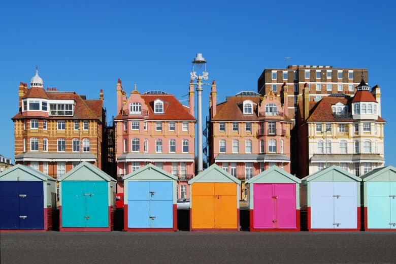 Colourful beach huts and Victorian buildings