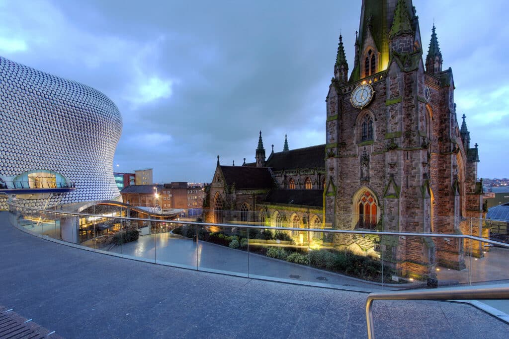 Modern and historic architecture juxtaposed.